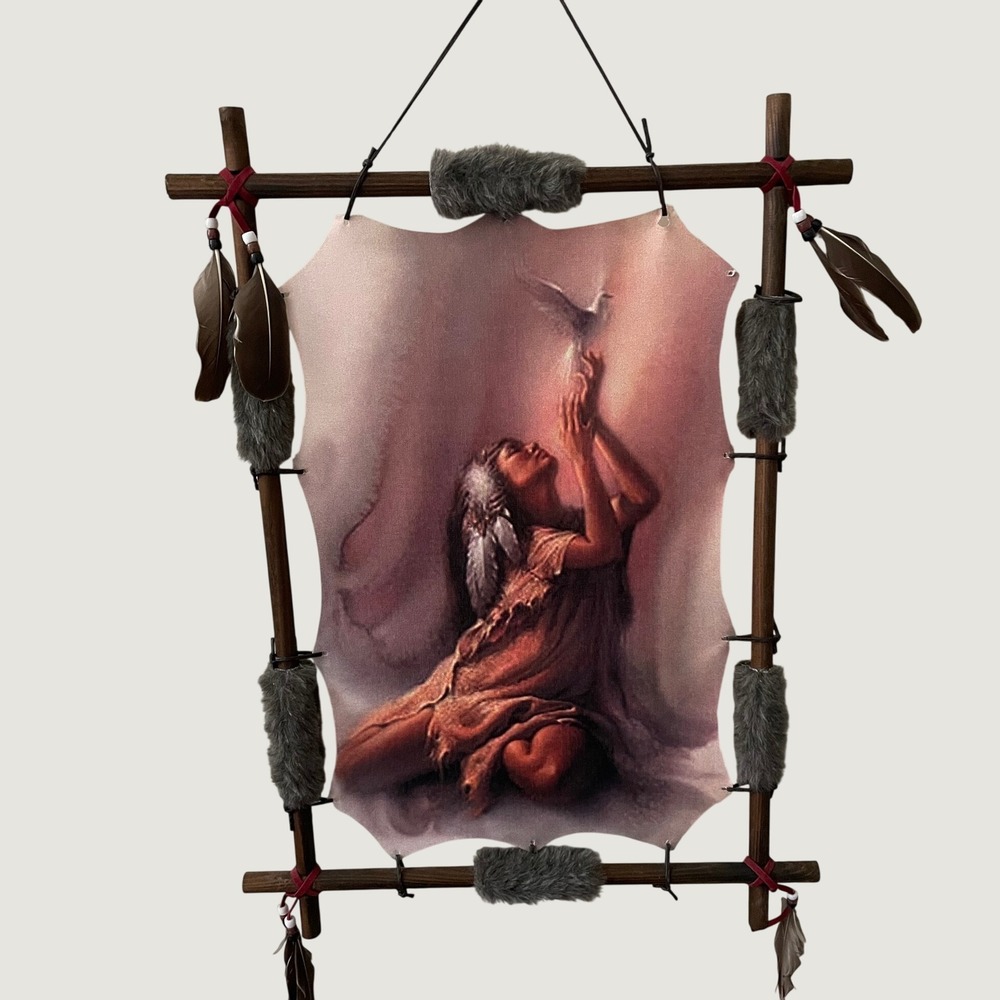 Native American Inspired Wall Hanging Art Woman w/ Dove Faux Fur Feathers 16x20‎